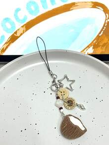 可爱海洋元素手工串珠钥匙扣，配有椰壳和贝壳吊坠，适合日常佩戴，女孩风格生日礼物 - 棕色 - 查看 1
