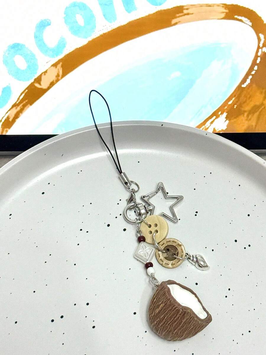 可爱海洋元素手工串珠钥匙扣，配有椰壳和贝壳吊坠，适合日常佩戴，女孩风格生日礼物 - 棕色 - 查看 1