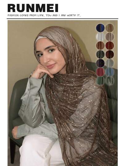 1条金色丝线箔面头巾，女士多功能时尚披肩，可用作披肩、头巾、装饰和防晒围巾，透气轻盈，非常适合夏季和所有季节穿着，适合旅行、度假、祈祷、聚会。