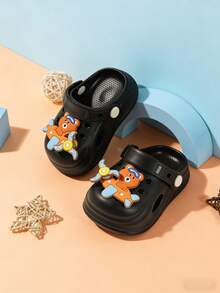 儿童卡通拖鞋，旋转风车兔子和小熊图案儿童透气凉鞋，防滑软底，幼儿防摩擦拖鞋 - 黑色 - 查看 1