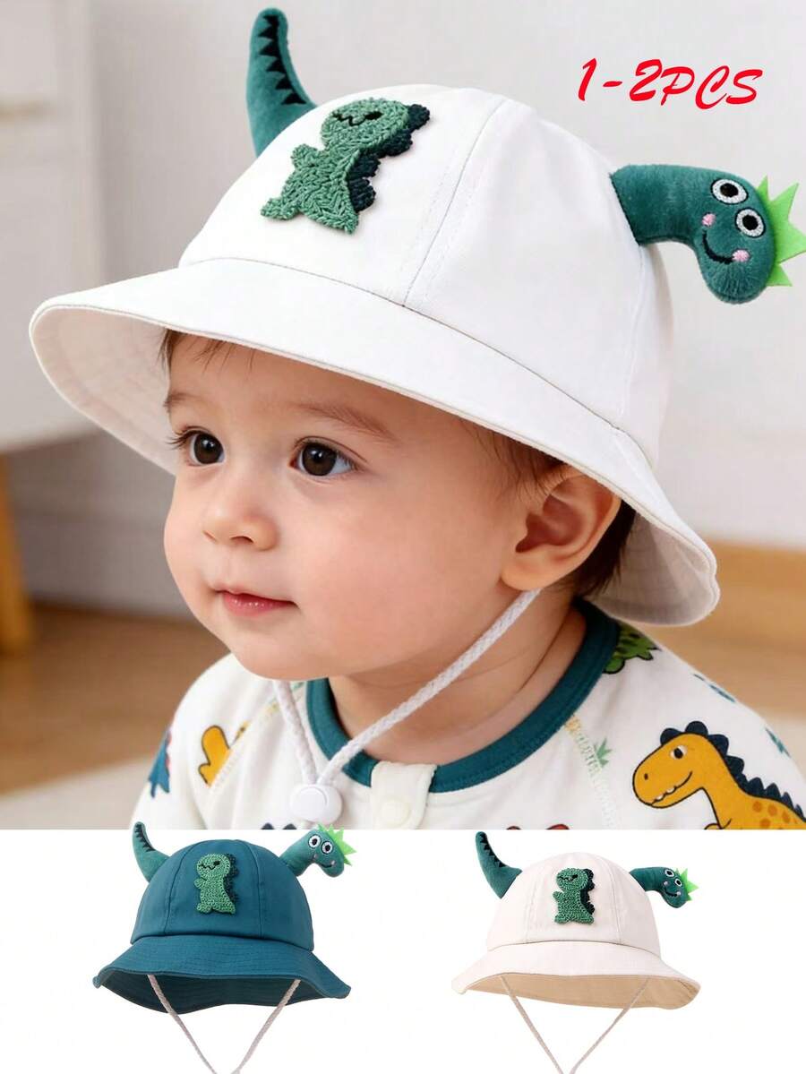 1/2件装幼儿/儿童卡通恐龙遮阳帽，男女通用婴儿/幼儿夏季沙滩渔夫帽，防风防晒帽，适合户外活动，四季皆宜 - 恐龍 - 查看 1