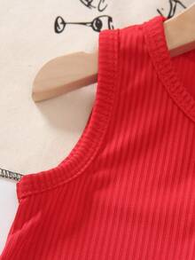 2pcs/Set Toddler Girls' Solid Color Round Neck Button Knit Fitted Vest + Loose Denim Cherry Print Shorts, Casual Summer Outfit - Red - View 4