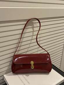 Lacquered Stylish Shoulder Handbag, Fashionable French Baguette Bag, Chic Lock Closure Shoulder Bag - Red - View 4