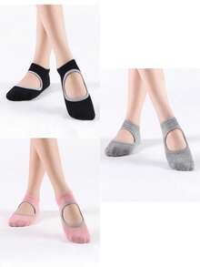 1双/3双装女士瑜伽普拉提舞蹈健身袜，专业运动防滑袜，带硅胶防滑垫，露背瑜伽袜，黑色 - 彩色 - 查看 10