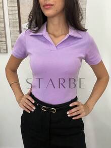 Women's Casual Elegant Short-Sleeve Cotton Polo Shirt, Fitted, Ideal For Work, Office, Social, Basic, Or Casual Wear. - 紫羅蘭色 - 查看 1