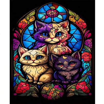 1幅2D DIY钻石画，彩色猫咪一家，卡通动物手工DIY装饰钻石画，家居卧室墙面艺术，节日礼物佳选