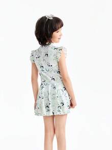 Annil [Có mũ bơi] Bộ đồ bơi trẻ em kiểu Trung Quốc mới, kiểu váy liền thân cho bé gái, đồ bơi co giãn cao, đồ bơi đi biển. - Hoa màu trắng và xanh - Xem 2