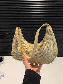 Neue Mode Handtasche für Frühling/Sommer, Stroh-Schultertasche, Strandtasche für den Urlaub, lässige Halbmond-Tasche mit Perlenkette, modische einfarbige geschwungene Halbmond-Unterarmtasche, elegante Damentasche - Khaki - Übersicht 5