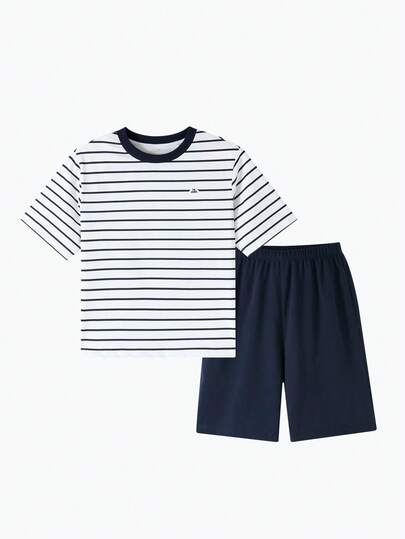 Annil Children's Striped Color-Blocked Knitted Short-Sleeved Trousers Set For Boys And Girls, Suitable For Both Home And Outdoor Wear, New Summer Style.