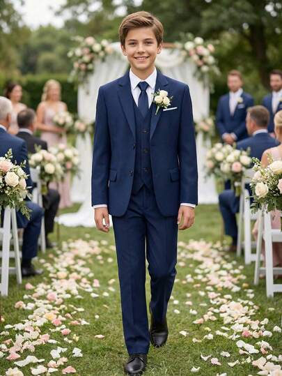 4pcs Teenage Boys Suit Set, Toddler Tuxedo Formal Wear, Wedding Party Outfit Including Jacket, Vest, Pants, Tie, Suitable For Teens Birthday, Wedding, Graduation, Wedding Guest, Ring Bearer, Navy Blue, Size 6-16 Years