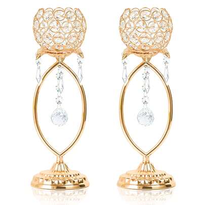 2个水晶茶蜡烛台，优雅金属水钻烛台，带吊坠，适用于婚礼餐桌摆饰、餐厅派对宴会、家居装饰