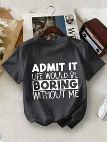 Young Boy Casual Graphic Print Crew Neck Short Sleeve T-Shirt, Summer Top - Dark Grey - View 4