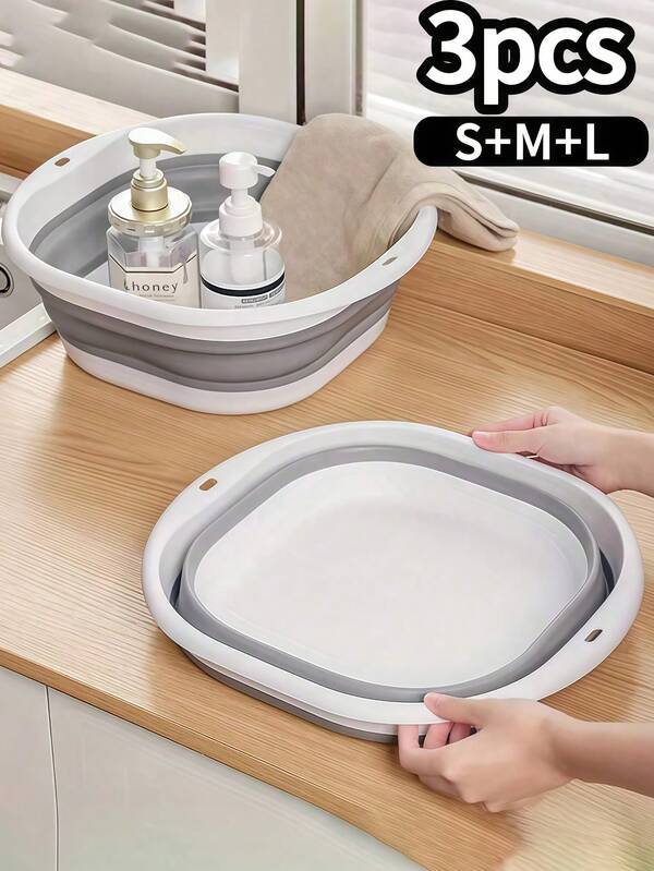 1/3pcs Portable Foldable Wash Basin, Vegetable Basin, Foot Basin. Easy To Clean, Lightweight And Collapsible. Suitable For Home, Dorm And Outdoor Camping. Can Be Used As Camping Sink, Laundry Basin, Water Bucket, Water Container, Fruit & Vegetable Wash Basin, Cleaning Supplies. Thick Plastic Foldable Foot Basin, Back To School Essential. Foldable Basin, Foldable Basin Set. Bathroom Home Decor, All Season Decor
