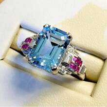 Luxury White Gold Plated Aquamarine Princess Cut Cubic Zirconia Women's Wedding Engagement Party Ring - Blue - View 7