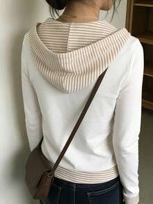 Korean Style Striped Patchwork Button Hoodie Long Sleeve T-Shirt Top For Women, Autumn/Winter Casual White Spring - White - View 4