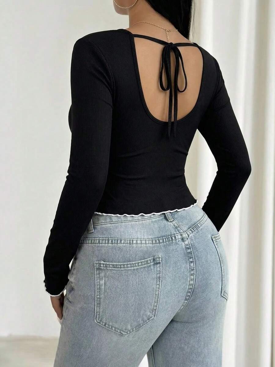 [Backless Lace-Up Design, Contrast Ruffle Cuffs] Fitted Long Sleeve Round Neck Top, Made Of Ribbed Knit Fabric, Solid Black. Perfectly Blends Sweet And Edgy Styles, Suitable For Spring/Autumn Dates, Shopping, Parties, And Everyday Wear. - Black - View 1