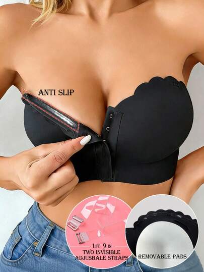 Women's Front Closure Supportive Seamless Bandeau Bra, Basic Black, Removable Pads, Invisible Straps, Comfortable Strapless Bra