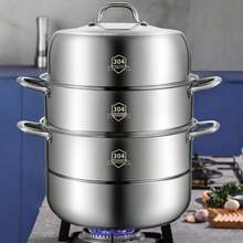 Nồi hấp 3 tầng bằng thép không gỉ - Dung tích lớn, chất liệu SUS 304, bề mặt được đánh bóng, lý tưởng để hấp bánh bao, há cảo và hải sản, bao gồm nắp và tay cầm, dụng cụ nhà bếp thiết yếu. - Xem 4