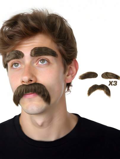 3 Sets Reusable Self-Adhesive Fake Mustache And Eyebrow Sticker Kit, Suitable For Halloween Party Makeup, Disguise, Cosplay, Brown Fake Mustache For Adults
