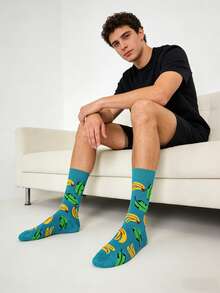 1双男士蓝色底香蕉叶图案中筒袜，四季皆宜 - 彩色 - 查看 6