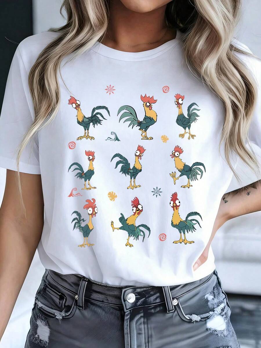 Disney Official Authorization, Women's Short Sleeve Round Neck Cotton T-Shirt With Cartoon Rooster Print, Casual Regular Fit Top, Breathable And Light, Suitable For Sports And Leisure Wear, Suitable For Gifts, Suitable For Parties. - 白色 - 查看 1