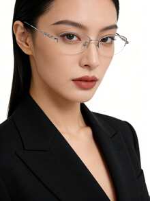 1PCElegant Semi-Rimless Metal Glasses For Women, Chain Link Temple Detail, Face Slimming Oval Frame, Office & Daily Wear - Silver - View 5