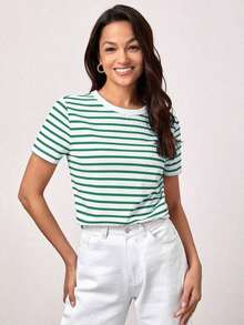 SHEINBASICSS Striped Print T-Shirt/Summer - 綠色 - 查看 6