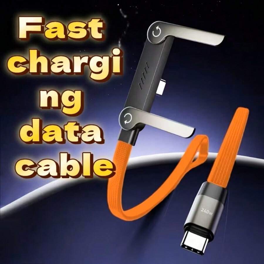 240W 快充数据线，尼龙编织纤维材质，单条侧装式手机充电器，二合一隐藏式支架充电线，内置手机支架，适用于智能手机和平板电脑，生日礼物 - 橘色 - 查看 1