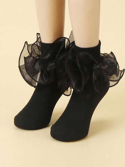 2 Pairs New Solid Color Cute Mid-Calf Socks, Breathable Girls Lace Trim Princess Socks