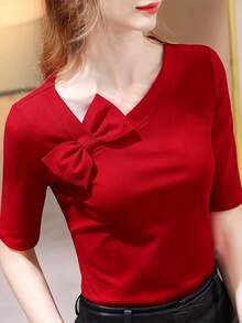 2025 Neue Slim Fit Kurzarm Rotes Top, elegantes Halbarm asymmetrisches Schulter Top für Frauen, Sommer Casual - Rot - Übersicht 1