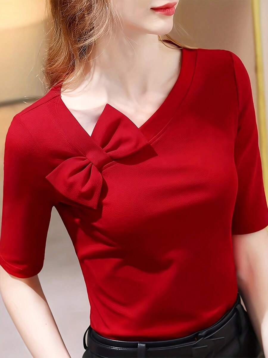 2025 Neue Slim Fit Kurzarm Rotes Top, elegantes Halbarm asymmetrisches Schulter Top für Frauen, Sommer Casual - Rot - Übersicht 1
