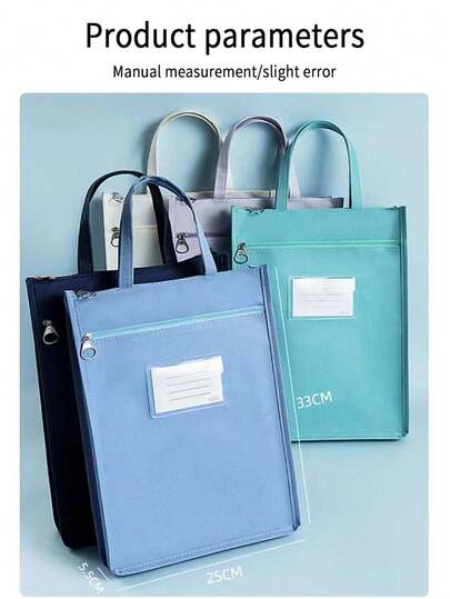 Túi tote vải bố hai lớp dung tích lớn, nhiều màu sắc để lựa chọn, có ngăn đựng nhãn và khóa kéo trơn tru, có thể đựng sách giáo khoa A4, giấy thi và văn phòng phẩm, bền và dễ mang theo, phù hợp cho học sinh và công việc sắp xếp hồ sơ văn phòng.