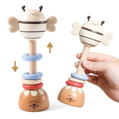 Wooden Long-Handle Bee Rattle, Multifunctional Teether Rattle 2-In-1, Easy Grip Baby Chewing Toy, Shaking Tricolor Wooden Rings To Attract Baby's Attention, Cute Bee Figurine Can Stand