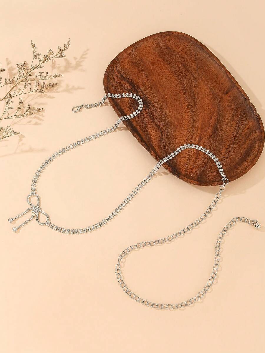 Delicate Rhinestone Bow Waist Chain, Sparkling Crystal Belly Belt For Dresses & Gowns - Silver - View 1