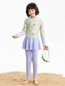 Annil 【碎花长袖泳衣套装】女童夏季高弹防水两件式裙泳衣训练泳装 - 黃紫花 - 查看 1