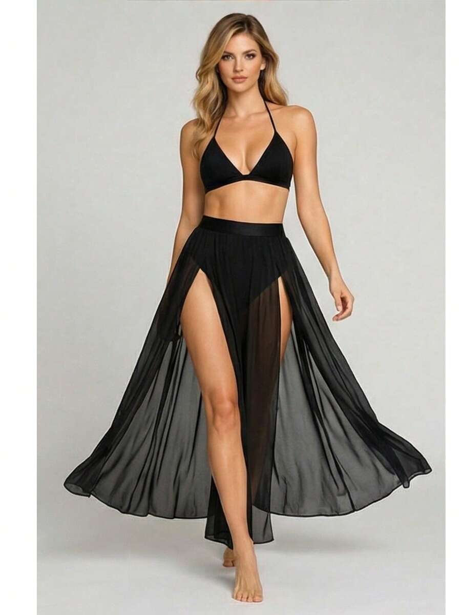 Long Beach Cover-Up Skirt In Transparent Tulle With Double Slit - Summer - Negro - Ver 1
