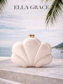 ELLA GRACE - Pearl Shell Shaped Ivory Pink Ruffle Trim Evening Clutch Bag, Gold Chain Dual Ball Clasp Closure, Elegant Wedding Party Fashion Shoulder Bag - White - View 1