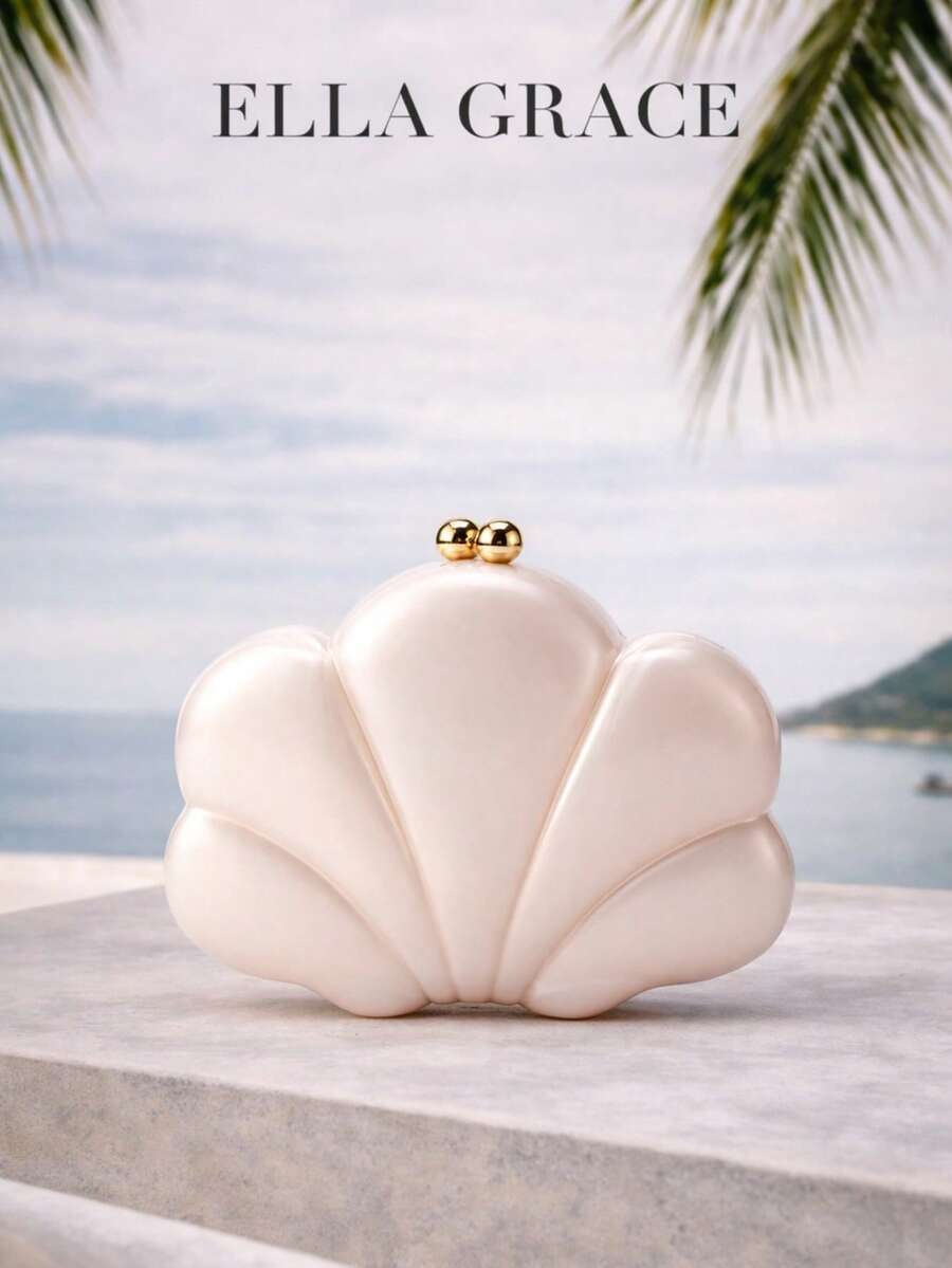 ELLA GRACE - Pearl Shell Shaped Ivory Pink Ruffle Trim Evening Clutch Bag, Gold Chain Dual Ball Clasp Closure, Elegant Wedding Party Fashion Shoulder Bag - White - View 1