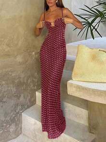1pc Polka Dot Print Summer Sleeveless Dress, Suitable For Women's Beach Vacation Outfit On Valentine's Day, Elegant Party Wear - Đỏ - Xem 2