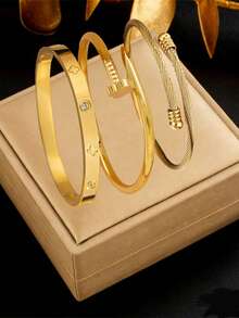 RAYQUEEN 百搭不锈钢花朵四叶草设计金色手链首饰套装，适合日常佩戴和送礼。 - 金黃色 - 查看 6