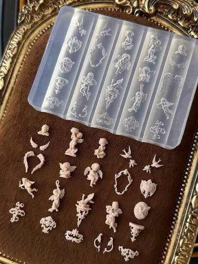 1件巴洛克天使浮雕相框许愿池丘比特翅膀3D美甲装饰透明模具