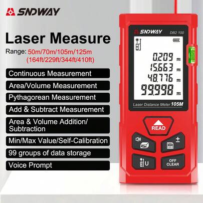 SNDWAY 1个50/70/100/120米激光测距仪，便携式激光测距仪，带英寸/英尺单位切换，背光液晶显示屏，距离/面积/体积/勾股定理测量模式