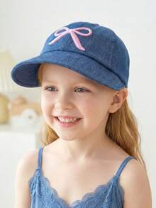 1pc Girls' Blue Embroidered Bow Baseball Cap, Ponytail Hole, Breathable UV Protection, Adjustable Children Sun Hat - 1PC - View 4