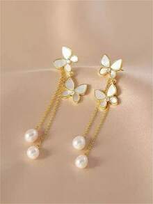 一对优雅长流苏珍珠蝴蝶耳环，时尚简约设计，百搭精致的女士耳环 - 金色 - 查看 4