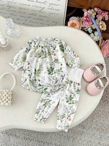 Spring Baby Girl Rabbit Print Romper And Pants Casual Outfit - Green - View 2