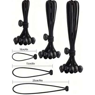 Bộ 10 dây buộc cáp đàn hồi màu đen chịu lực cao 4/6/9 inch có quả cầu - Dây buộc cáp chống tia UV dùng cho cắm trại, dựng lều, chở hàng và cột lều - Chất liệu hỗn hợp cao su/polyester bền chắc để cố định hàng hóa | Dây cáp đàn hồi linh hoạt | Độ đàn hồi cao dùng cho túi du lịch