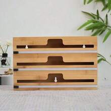 Bamboo Kitchen Wrap Organizer Wall Mounted Solid Bamboo Aluminum Foil & Plastic Wrap Dispenser With Slide Cutter - Khaki - View 3