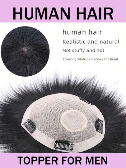 男士真人发假发，夹式设计，遮盖白发，隐形短款假发，手工丝绸底座，旋转式假发，16x18 和 18x20 英寸，自然黑色