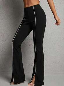 Classic Black Casual Pants With Contrasting White Side Stripes, High-Waisted Slim Fit With Slightly Flared Leg Design To Elongate The Legs, Stretchy Draping Fabric, Retro American Sports Style Suitable For Fitness, Shopping, Outings, Spring/Autumn, Vintage Sports Themed Parties, And Daily Wear. - Black - View 4