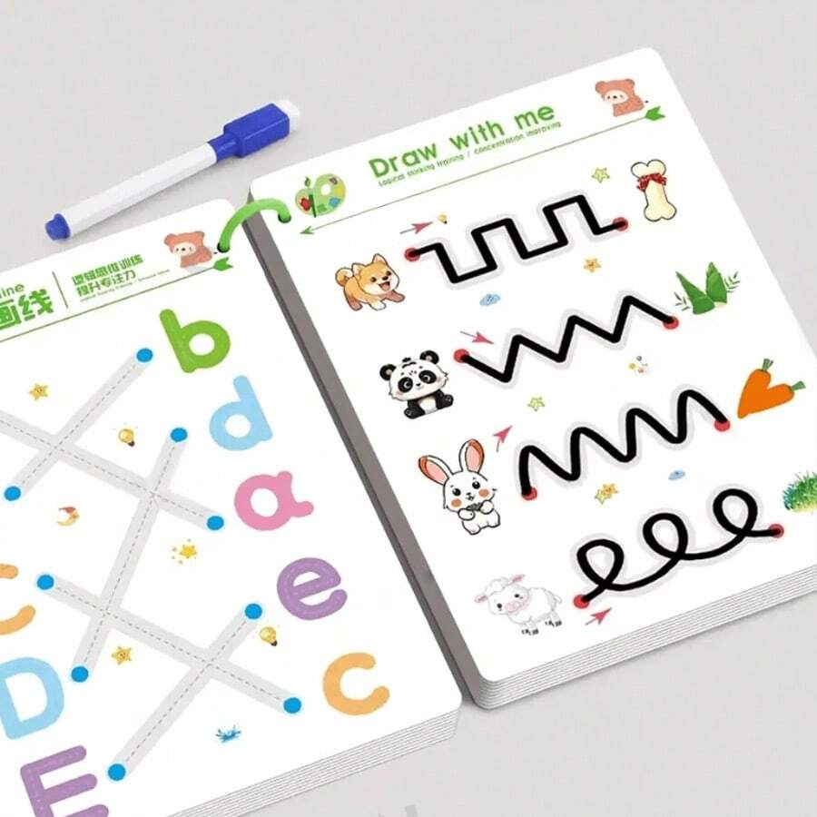 Bộ tài liệu luyện tập phát triển toàn diện não bộ 32 trang, sách bài tập đọc và viết - sách giáo dục kỹ năng cầm bút và vẽ | Học kỹ năng viết, nhãn dán tập viết tái sử dụng cho trẻ em, quà tặng tựu trường, quà sinh nhật, quà Giáng sinh, quà Lễ Tạ ơn và 11 dịp lễ khác (Không bao gồm bút và tẩy) - Nhiều màu - Xem 1